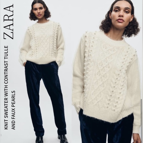 Zara Sweaters - ZARA TULLE & PEARL ADORNED IVORY KNIT SWEATER | L/XL | NWT | STUNNING